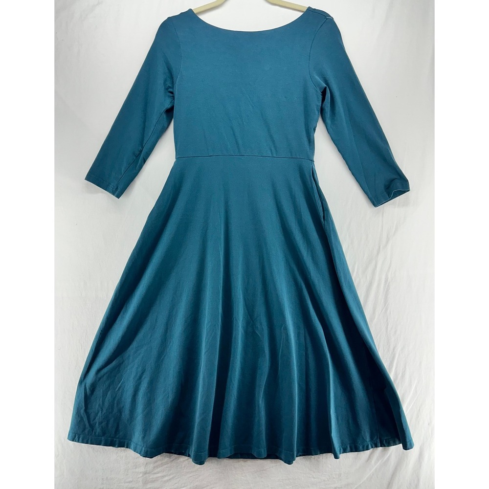 Pact Organic Cotton Fit Flare Dress Teal Blue Cutout Back Pockets Womens Small